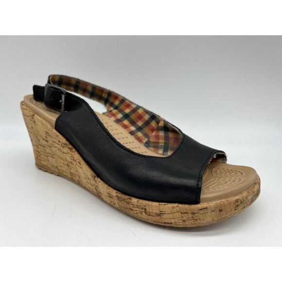 Crocs A-Leigh Women Black Leather Slingback Cork Wedge Sandals Size W8 - Picture 2 of 7